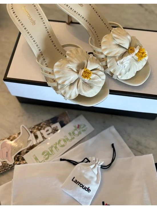 Larroude Cream Slide Mules with Floral Accent - Picture 6 of 9